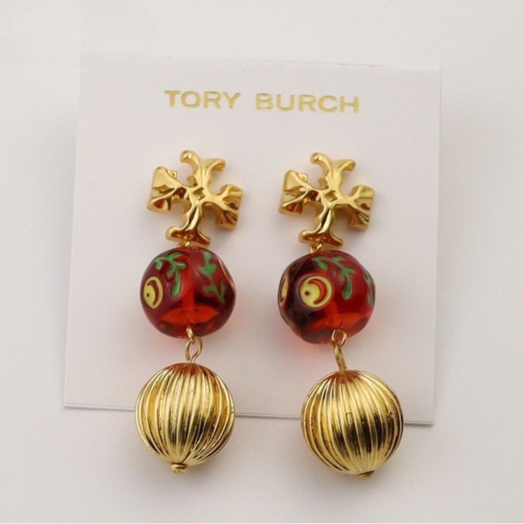 NWT Tory Burch Gold and Red Beaded dangle stud drop Earrings - Picture 2 of 4